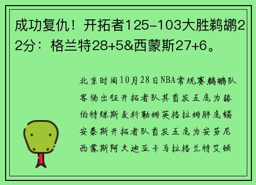 成功复仇！开拓者125-103大胜鹈鹕22分：格兰特28+5&西蒙斯27+6。